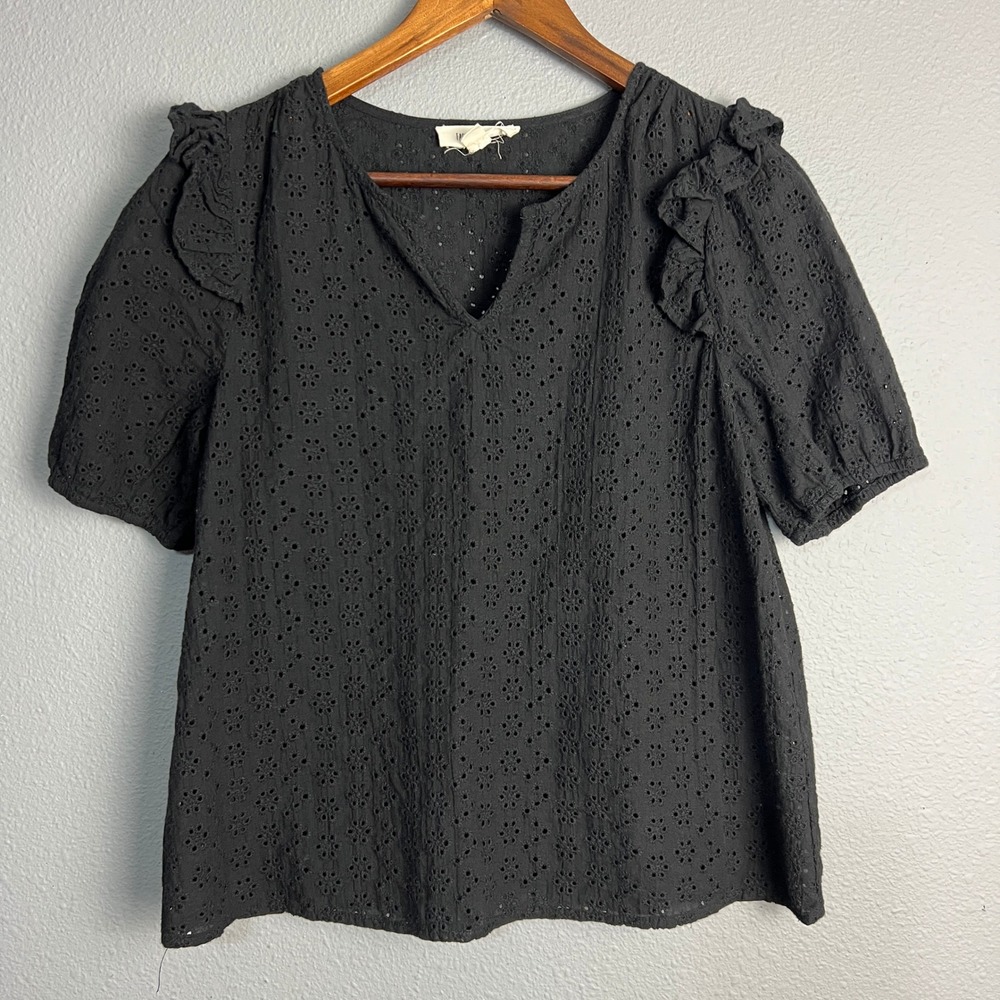 Fashion On Earth Boutqiue Eyelet Peplum Top Ruffle Sleeve V Neck Black Size LG